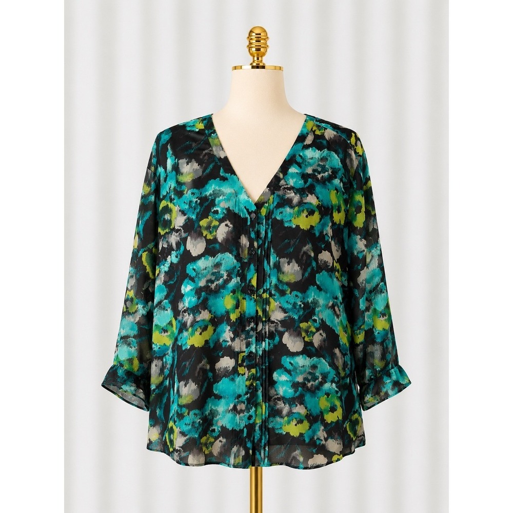 Appleseed's Pintuck Button Front Blouse Size XL Teal Floral 3/4 Sleeve V-Neck